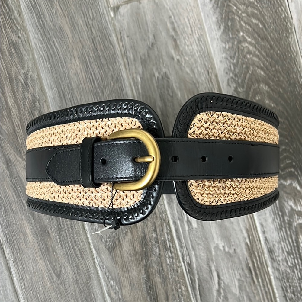 NWT White House Black Market Black Leather & Natural Straw Belt with Gold Buckle